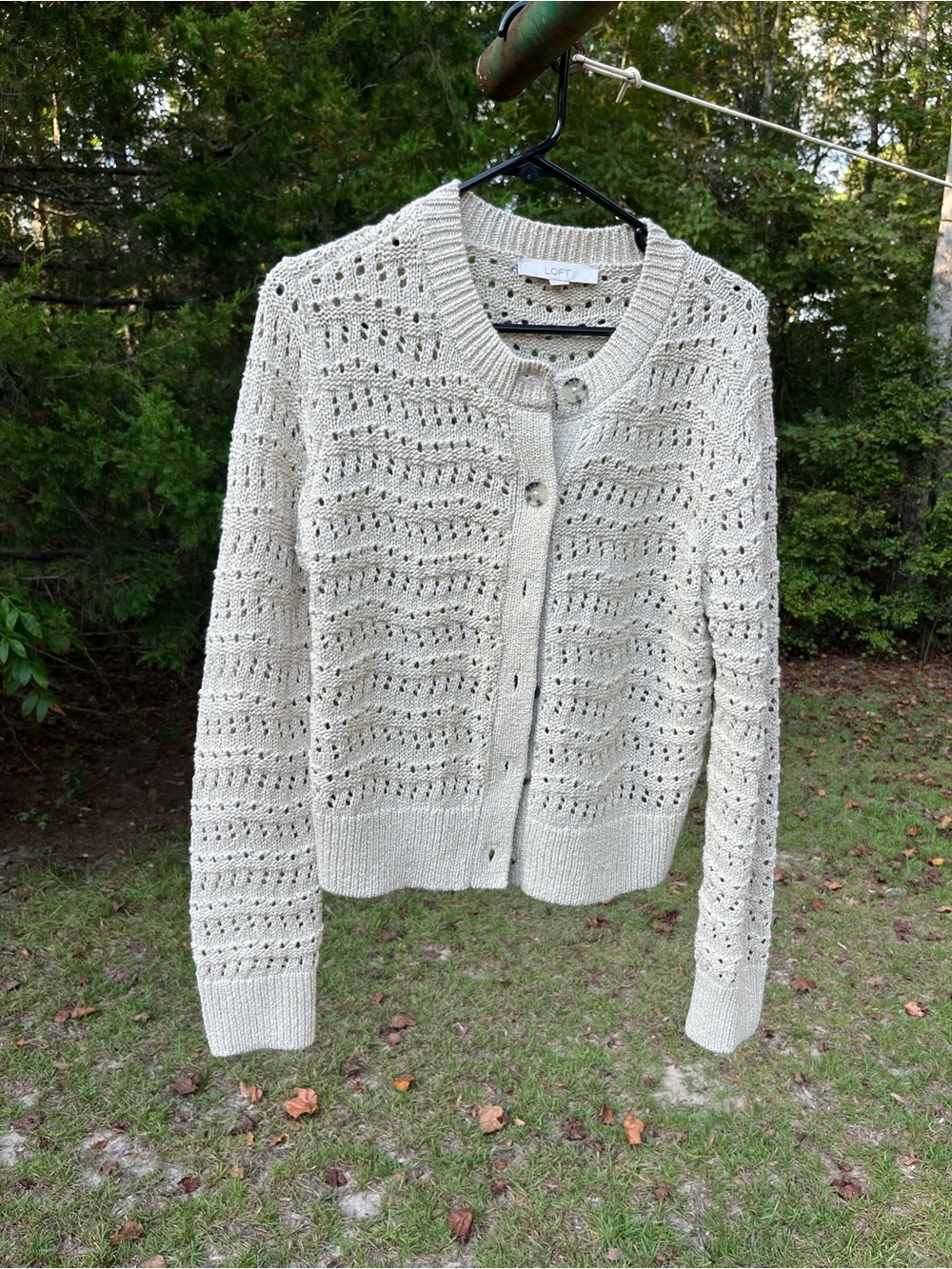 LOFT Cream and Gold Openwork Button Cardigan